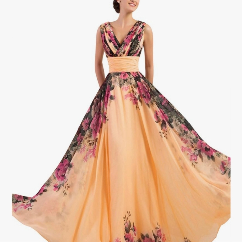 Grace Karin Peach Floral Gown - Sz 6